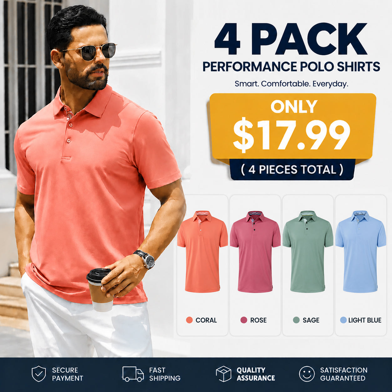 Men's Polo Shirts, Comfortable Short Sleeve Casual Fit, Classic Collared Polo Shirts for Work, Golf, Travel & Everyday Wear