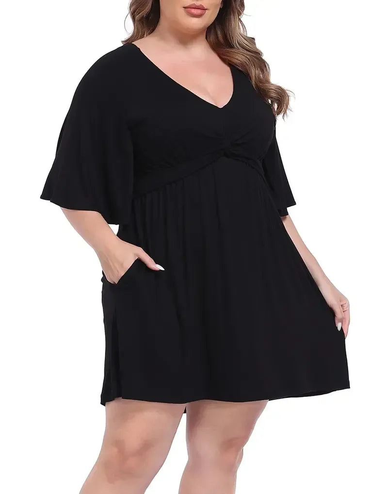 ✨Women Plus Size V-Neck Tie Waist Romper Dress With Built-In Anti-Chafing Shorts✨