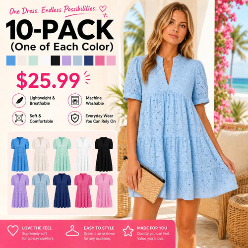 Women’s Summer Lace Dresses Eyelet Casual Flowy Babydoll Swing Short Sleeve V Neck Tunic Dress