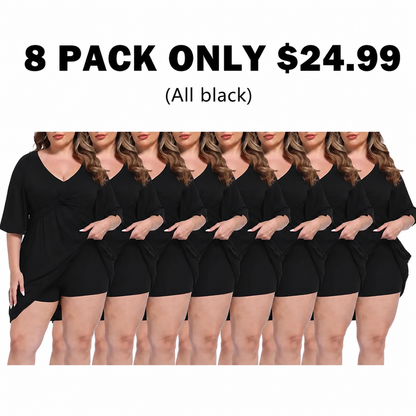 ✨Women Plus Size V-Neck Tie Waist Romper Dress With Built-In Anti-Chafing Shorts✨