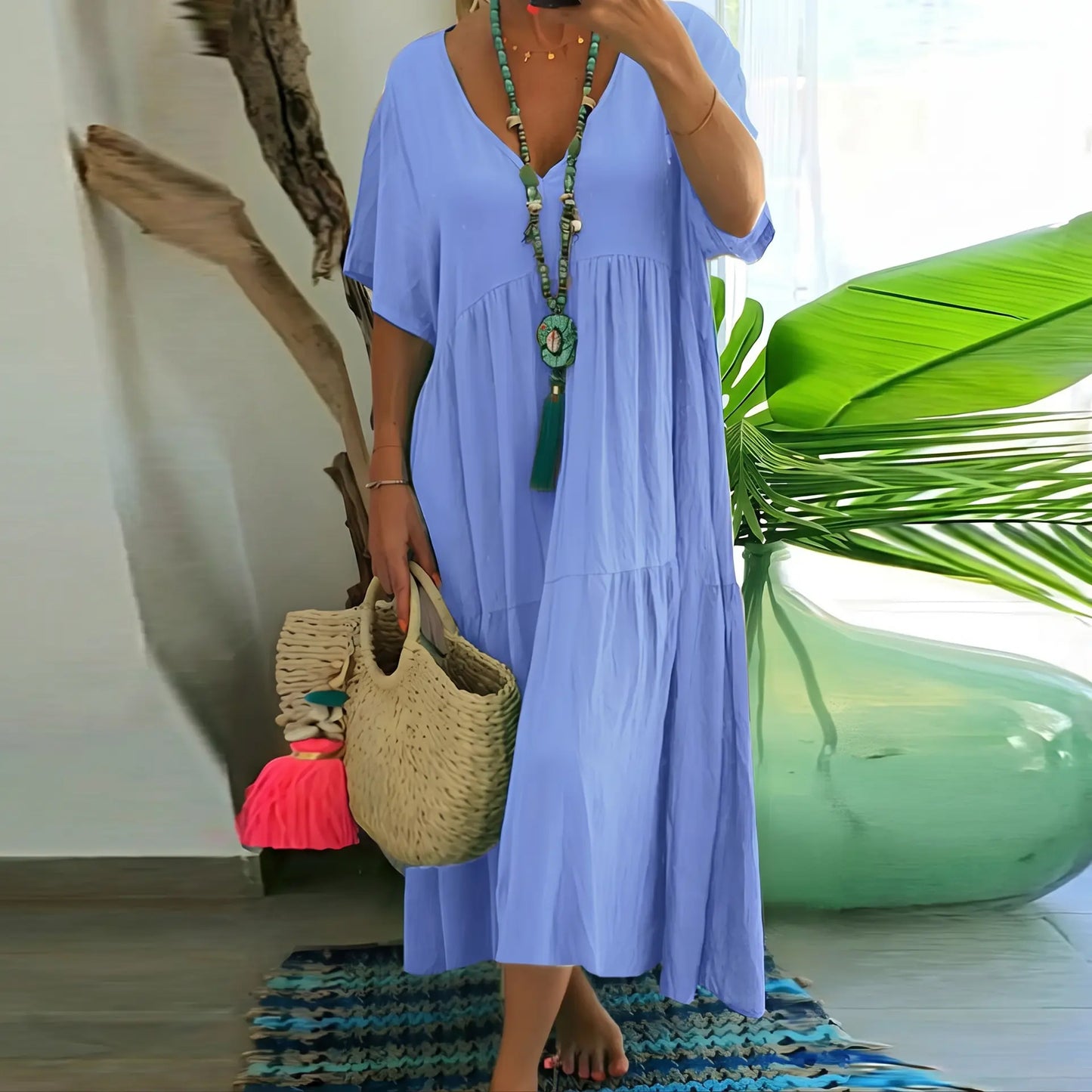 Plus Size Women's Summer Casual Loose V-Neck Plain Long Dress, Boho Style, Short Sleeve, Tiered Layer