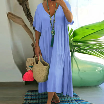Plus Size Women's Summer Casual Loose V-Neck Plain Long Dress, Boho Style, Short Sleeve, Tiered Layer