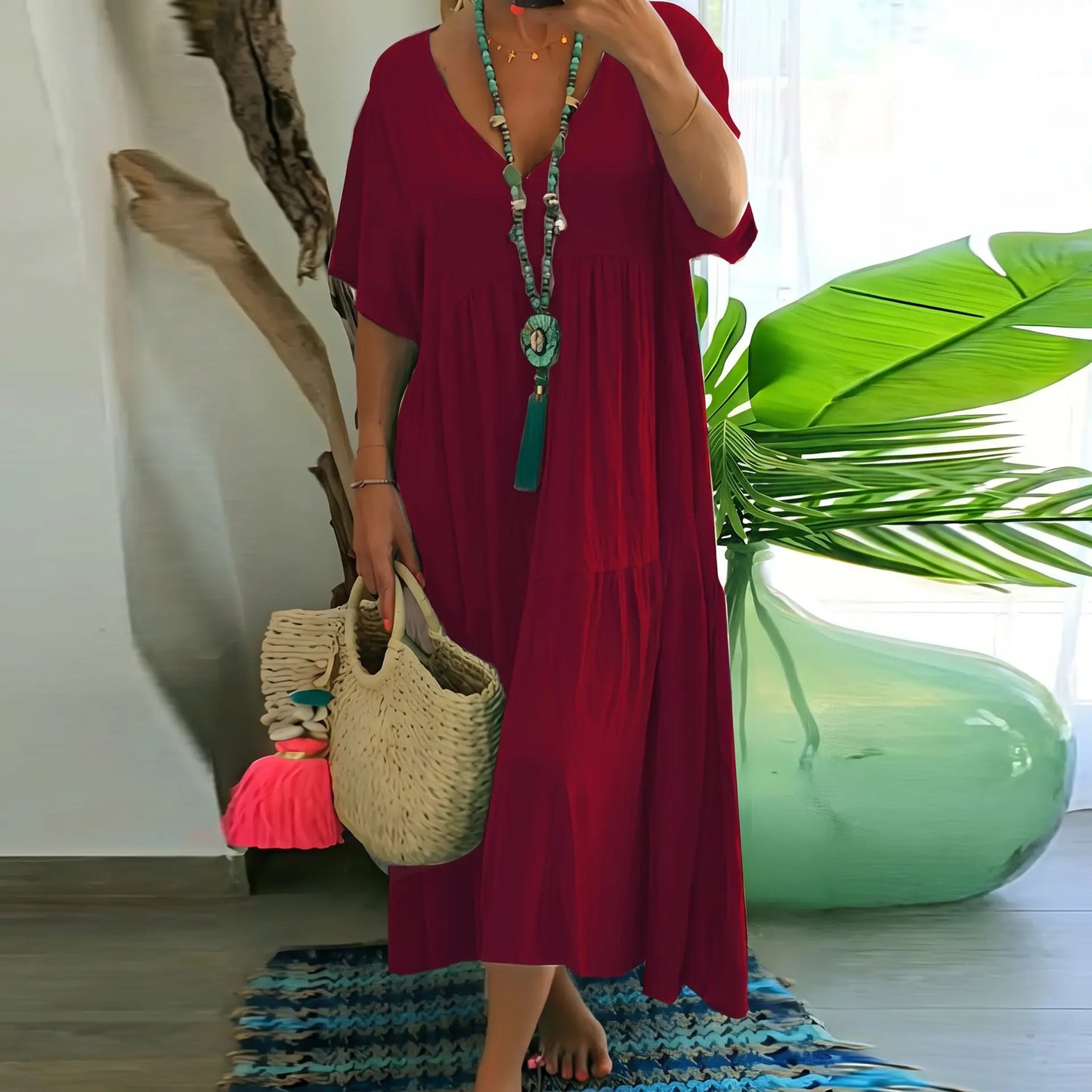 Plus Size Women's Summer Casual Loose V-Neck Plain Long Dress, Boho Style, Short Sleeve, Tiered Layer