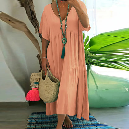 Plus Size Women's Summer Casual Loose V-Neck Plain Long Dress, Boho Style, Short Sleeve, Tiered Layer