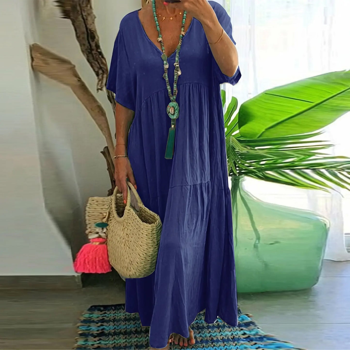 Plus Size Women's Summer Casual Loose V-Neck Plain Long Dress, Boho Style, Short Sleeve, Tiered Layer