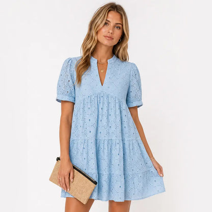 Women’s Summer Lace Dresses Eyelet Casual Flowy Babydoll Swing Short Sleeve V Neck Tunic Dress
