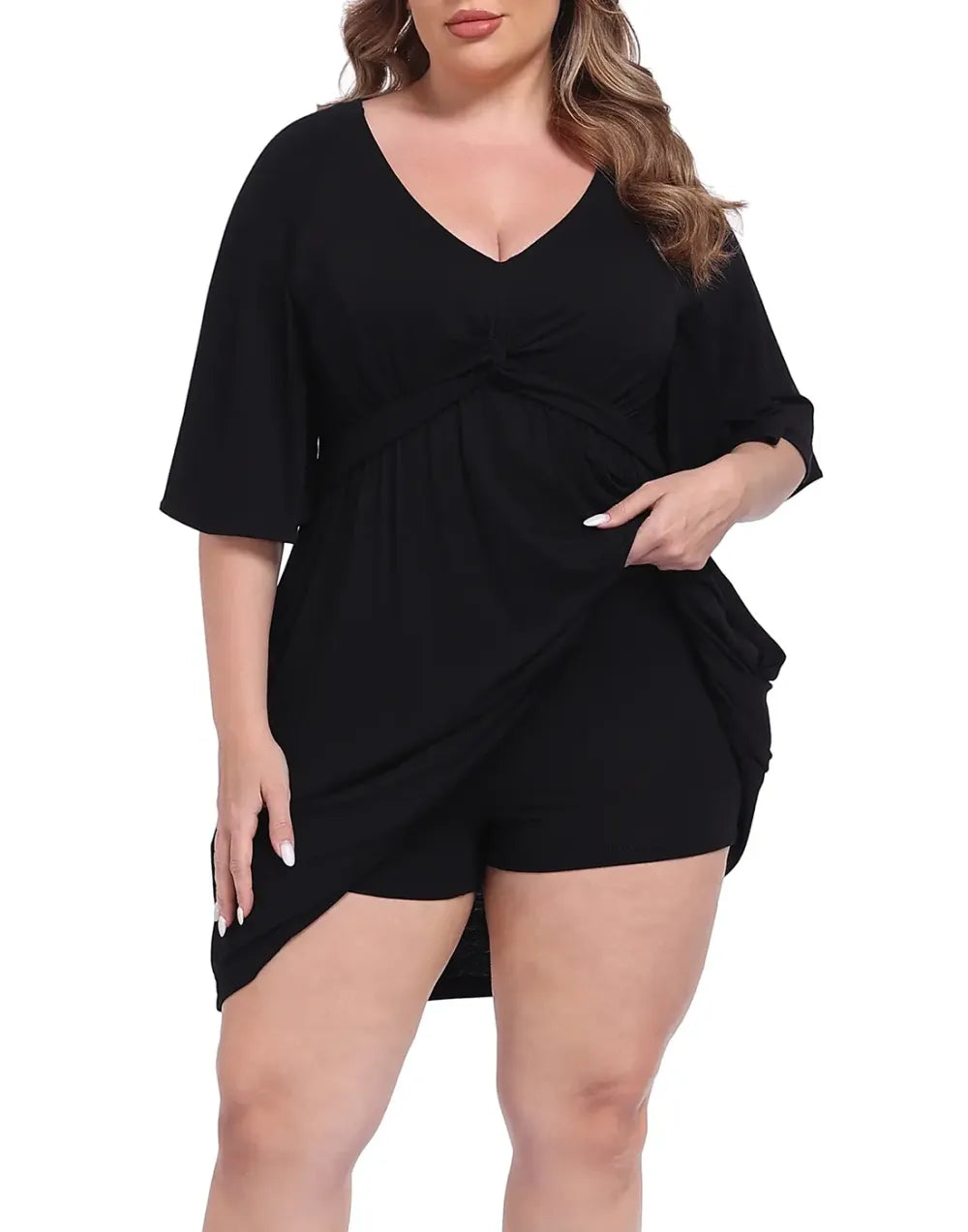 ✨Women Plus Size V-Neck Tie Waist Romper Dress With Built-In Anti-Chafing Shorts✨