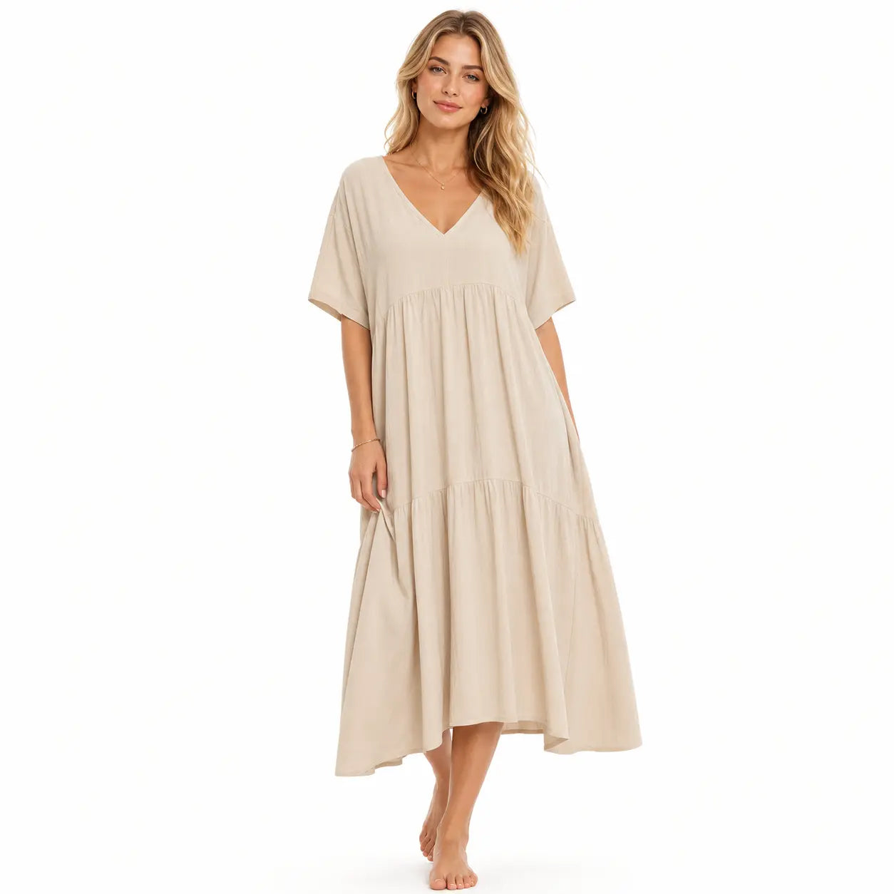 Plus Size Women's Summer Casual Loose V-Neck Plain Long Dress, Boho Style, Short Sleeve, Tiered Layer
