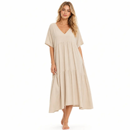 Plus Size Women's Summer Casual Loose V-Neck Plain Long Dress, Boho Style, Short Sleeve, Tiered Layer