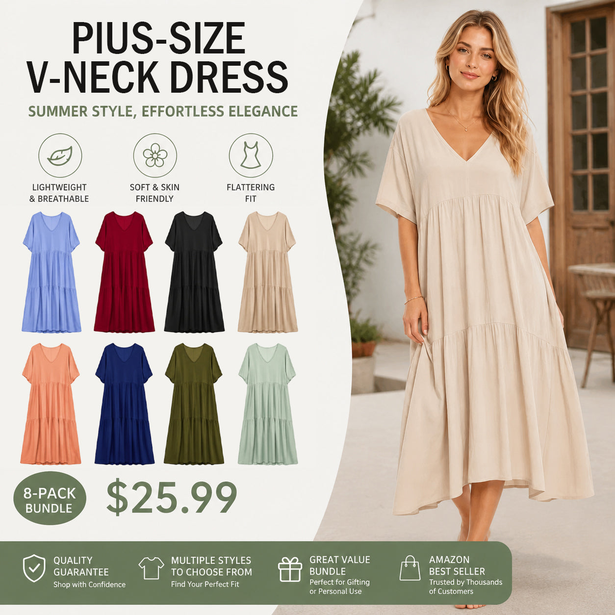 Plus Size Women's Summer Casual Loose V-Neck Plain Long Dress, Boho Style, Short Sleeve, Tiered Layer
