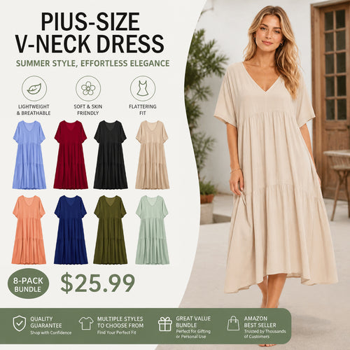 Plus Size Women's Summer Casual Loose V-Neck Plain Long Dress, Boho Style, Short Sleeve, Tiered Layer
