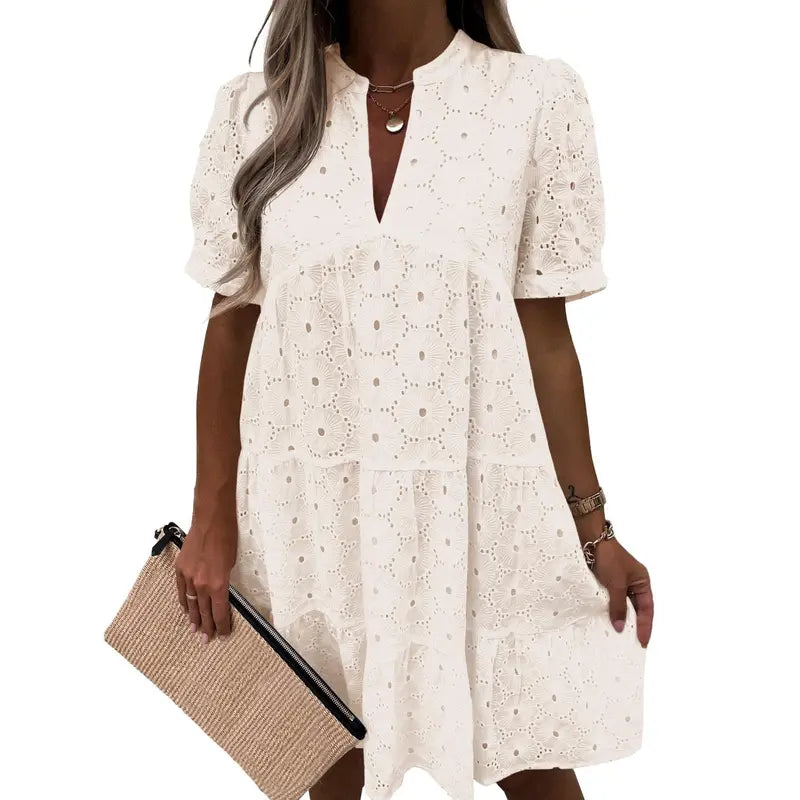 Women’s Summer Lace Dresses Eyelet Casual Flowy Babydoll Swing Short Sleeve V Neck Tunic Dress