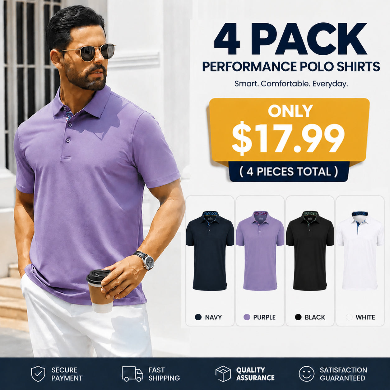 Men's Polo Shirts, Comfortable Short Sleeve Casual Fit, Classic Collared Polo Shirts for Work, Golf, Travel & Everyday Wear