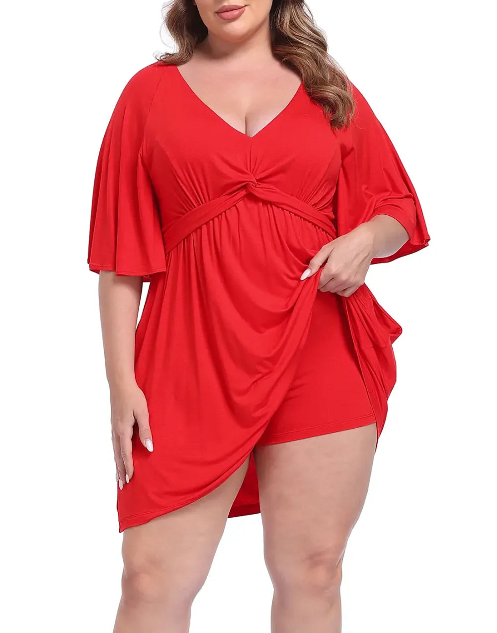 ✨Women Plus Size V-Neck Tie Waist Romper Dress With Built-In Anti-Chafing Shorts✨
