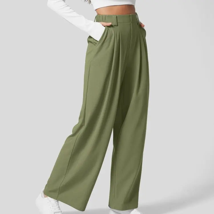 Women High Waist Waffle Knit Wide Leg Pants With Side Utility Pockets